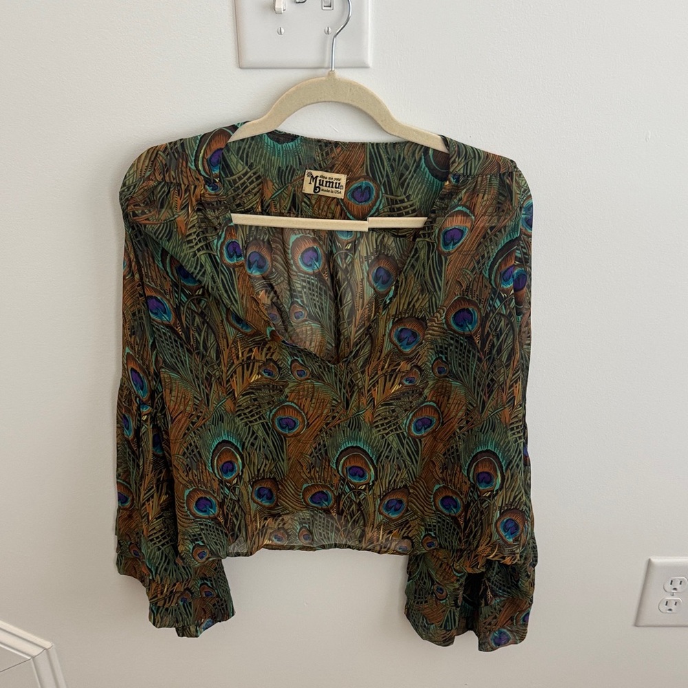 Mimi Chica Peacock Pattern Blouse - Green and Brown
